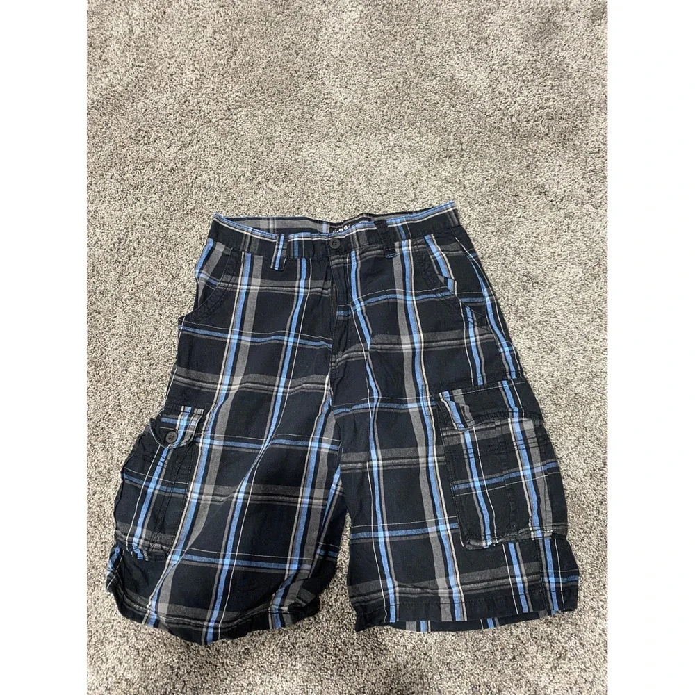 Airwalk Mens Plaid Cargo Shorts Black Blue Grey Skater Y2K Size 32